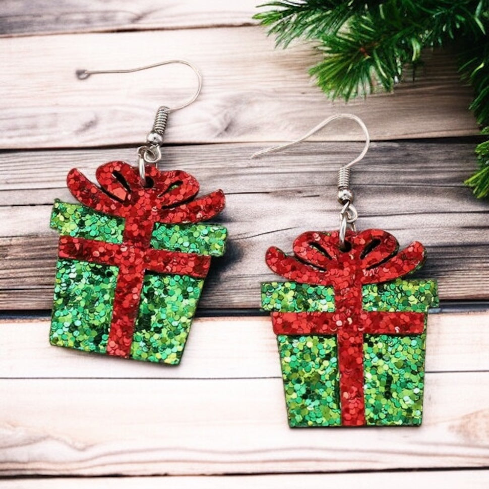 Glittery Christmas Present Earrings – Red & Green Holiday Gift Box Design