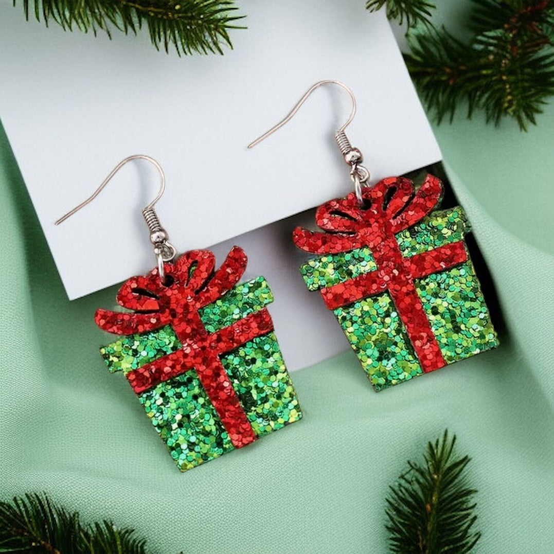 Glittery Christmas Present Earrings – Red & Green Holiday Gift Box Design