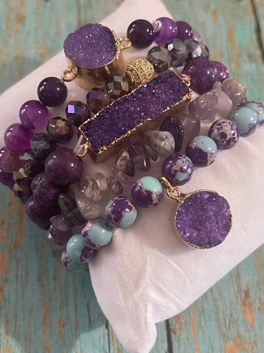 5-piece Amethyst & Turquoise Stone Bracelet Set