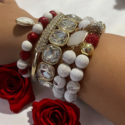 Glamorous White and Red Stackable Bracelet Set