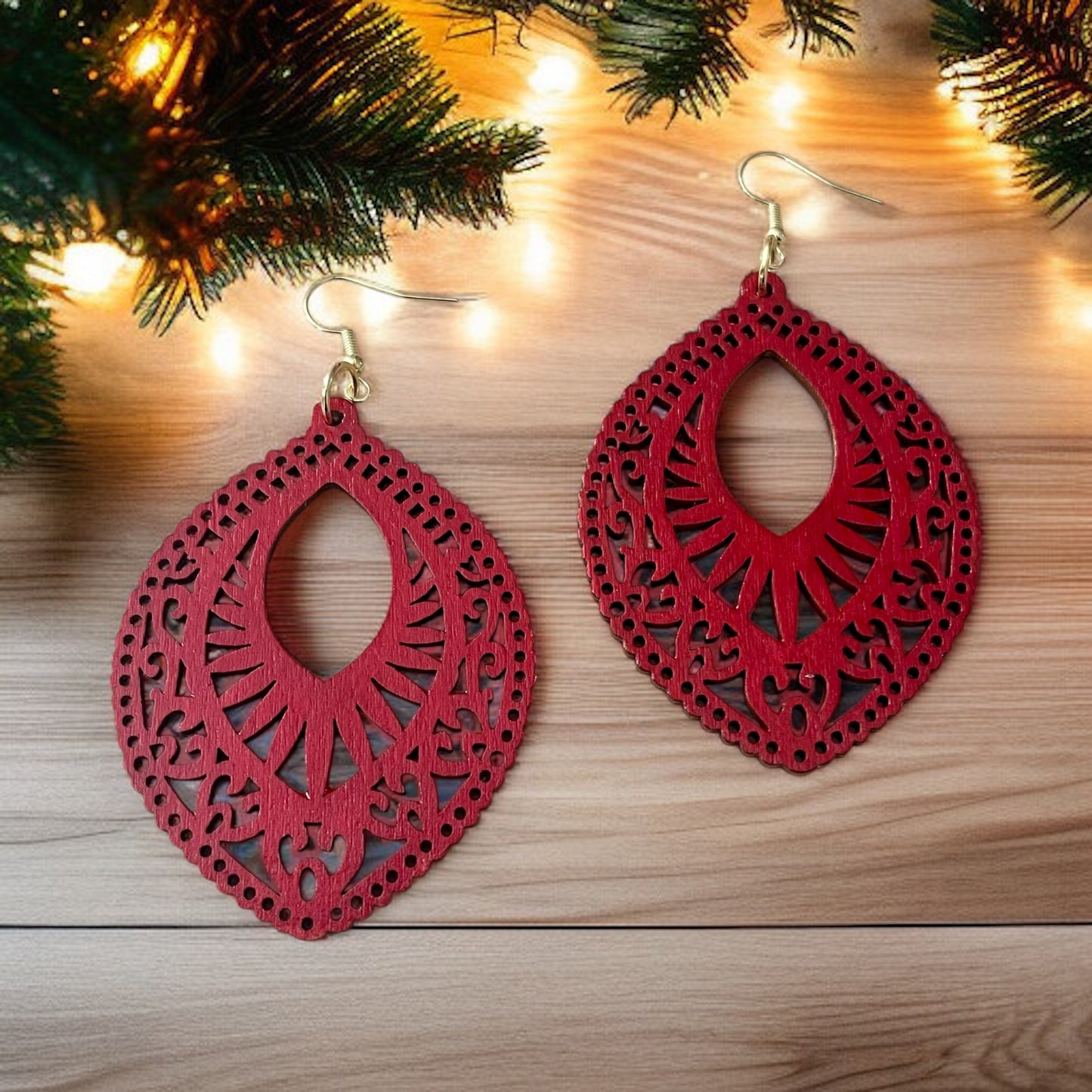 Hand-painted Red Wood Laser-Cut Earrings – Unique Artisan Design