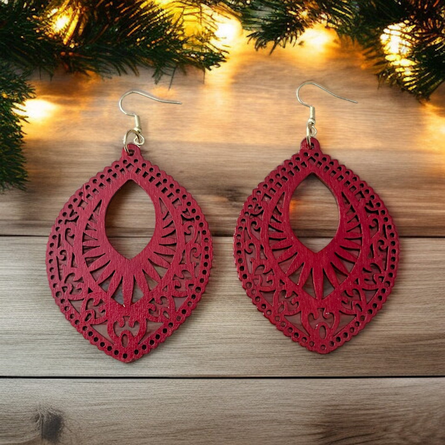 Hand-painted Red Wood Laser-Cut Earrings – Unique Artisan Design