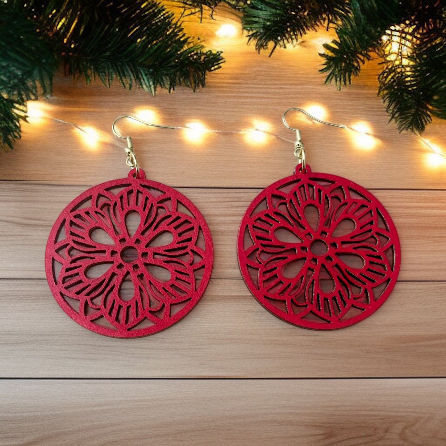 Red Mandala Flower Hand-painted Laser-Cut Wood Earrings – Boho Chic Style