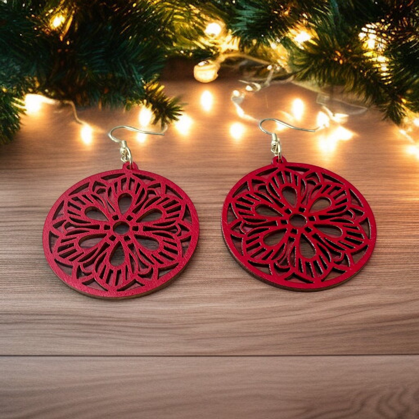 Red Mandala Flower Hand-painted Laser-Cut Wood Earrings – Boho Chic Style