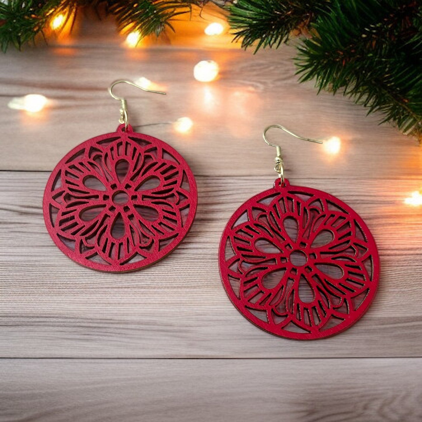 Red Mandala Flower Hand-painted Laser-Cut Wood Earrings – Boho Chic Style