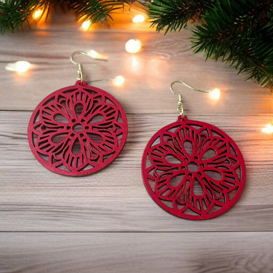 Red Mandala Flower Hand-painted Laser-Cut Wood Earrings – Boho Chic Style