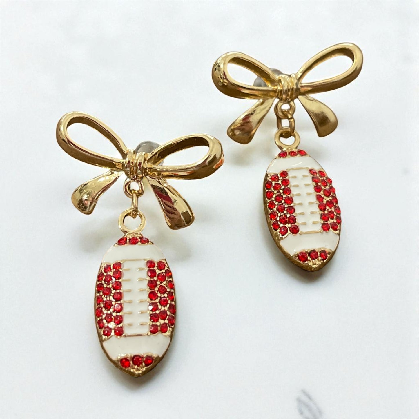 Gold Ribbon Football Stud Earrings – Red Stone Accent Jewelry