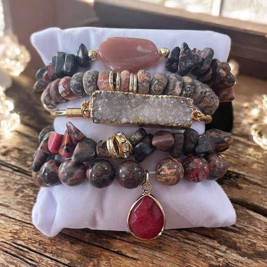Rose & Stone Glam Stack Bracelet Set – Natural Gemstones with Gold Accents