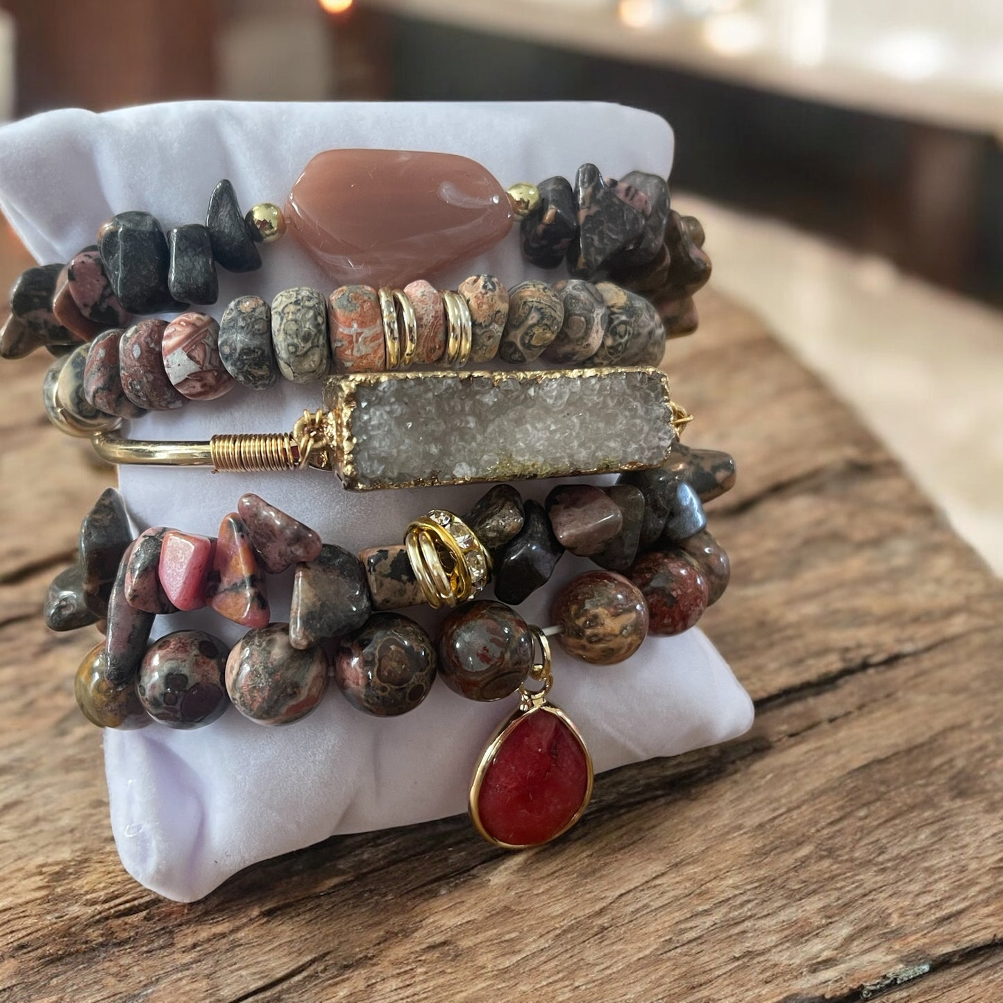 Rose & Stone Glam Stack Bracelet Set – Natural Gemstones with Gold Accents