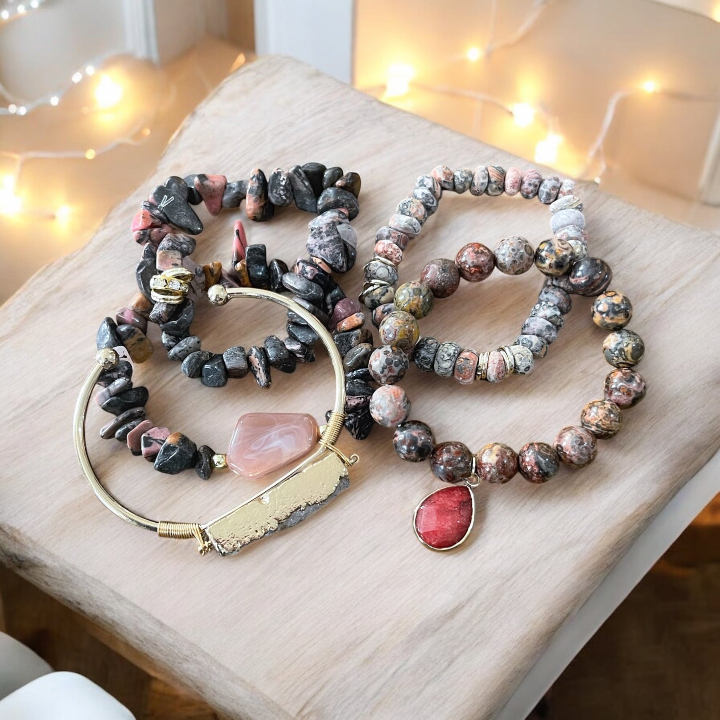 Rose & Stone Glam Stack Bracelet Set – Natural Gemstones with Gold Accents