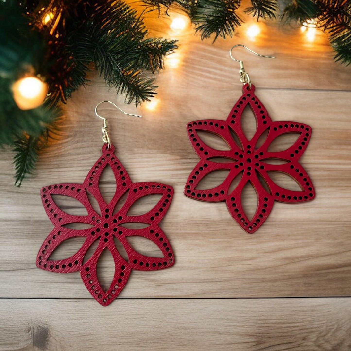 Hand-painted Red Star Laser-Cut Wood Earrings – Festive & Lightweight