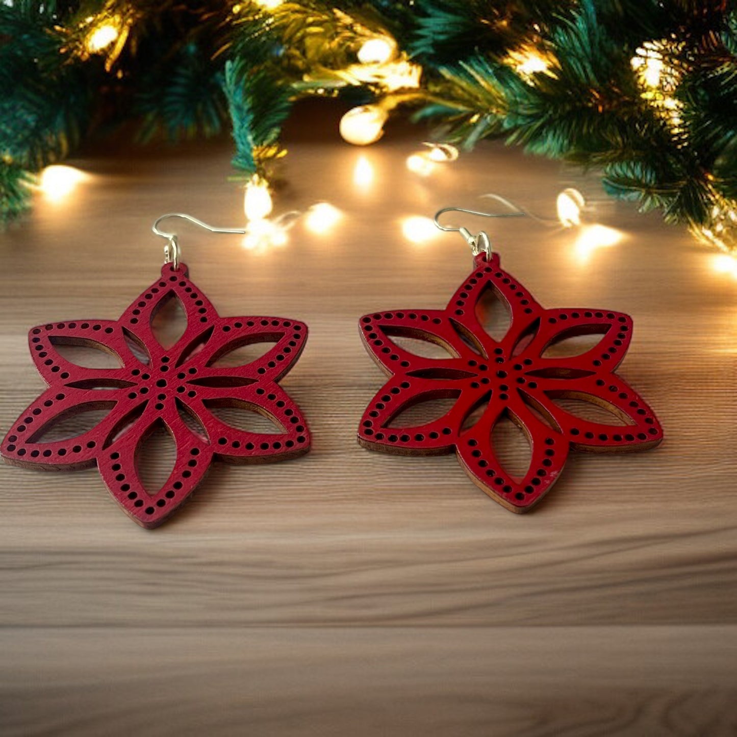 Hand-painted Red Star Laser-Cut Wood Earrings – Festive & Lightweight