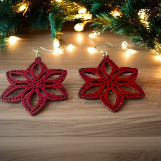 Hand-painted Red Star Laser-Cut Wood Earrings – Festive & Lightweight