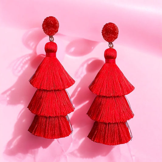 Bold Red Tiered Tassel Earrings
