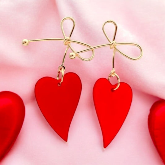 Red Heart Drop Earrings with Gold Bow Accent