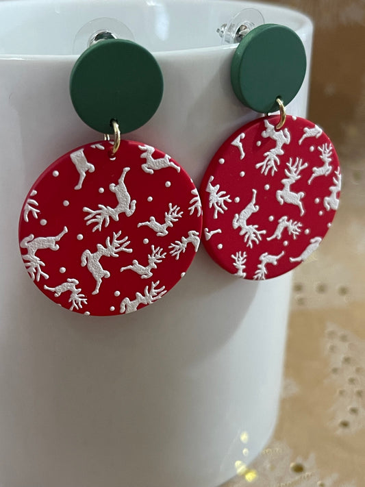 Red Earrings with White Deer & Green Stud Accent