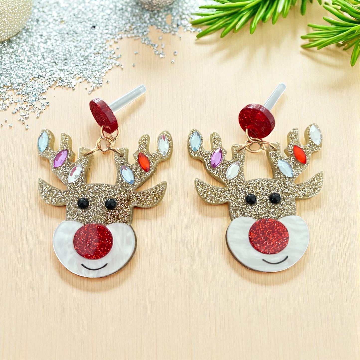 Glittery Reindeer Christmas Light Earrings