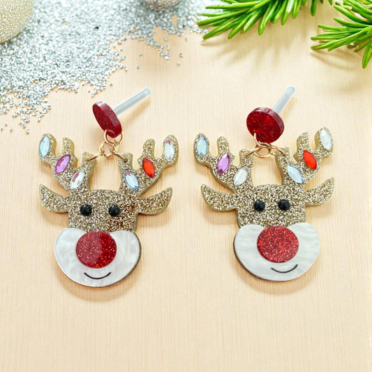 Glittery Reindeer Christmas Light Earrings