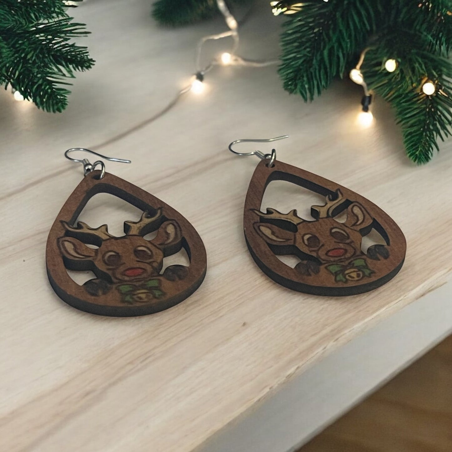 Rudolph Teardrop Wooden Earrings – Festive Christmas Reindeer Design