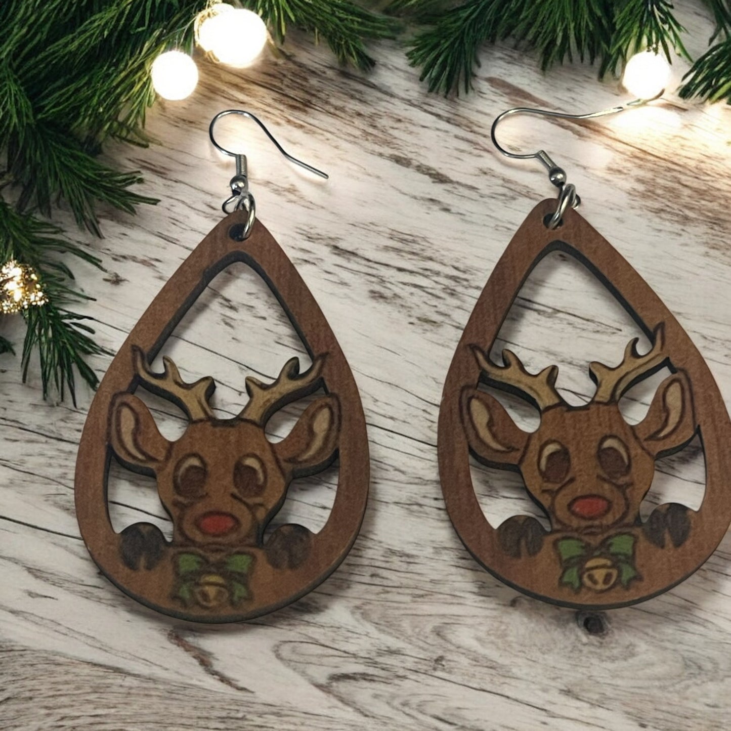 Rudolph Teardrop Wooden Earrings – Festive Christmas Reindeer Design