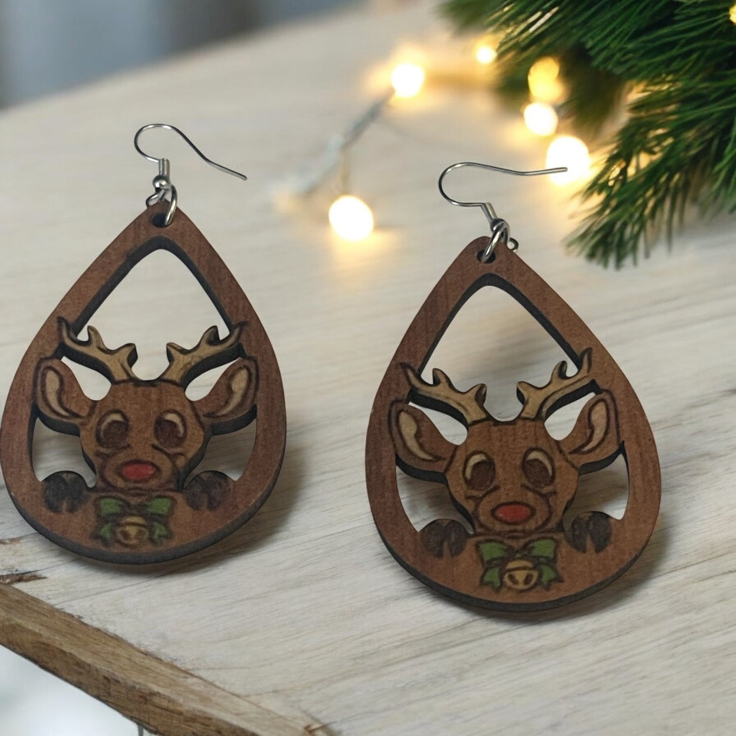 Rudolph Teardrop Wooden Earrings – Festive Christmas Reindeer Design