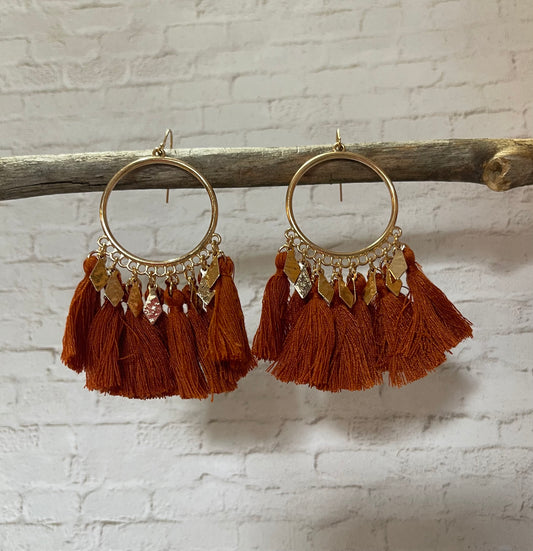 Boho Burnt Orange Tassel Hoop Earrings