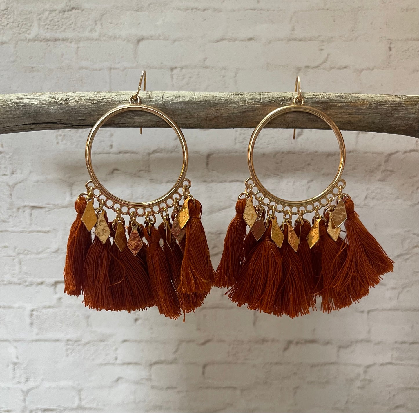 Boho Burnt Orange Tassel Hoop Earrings