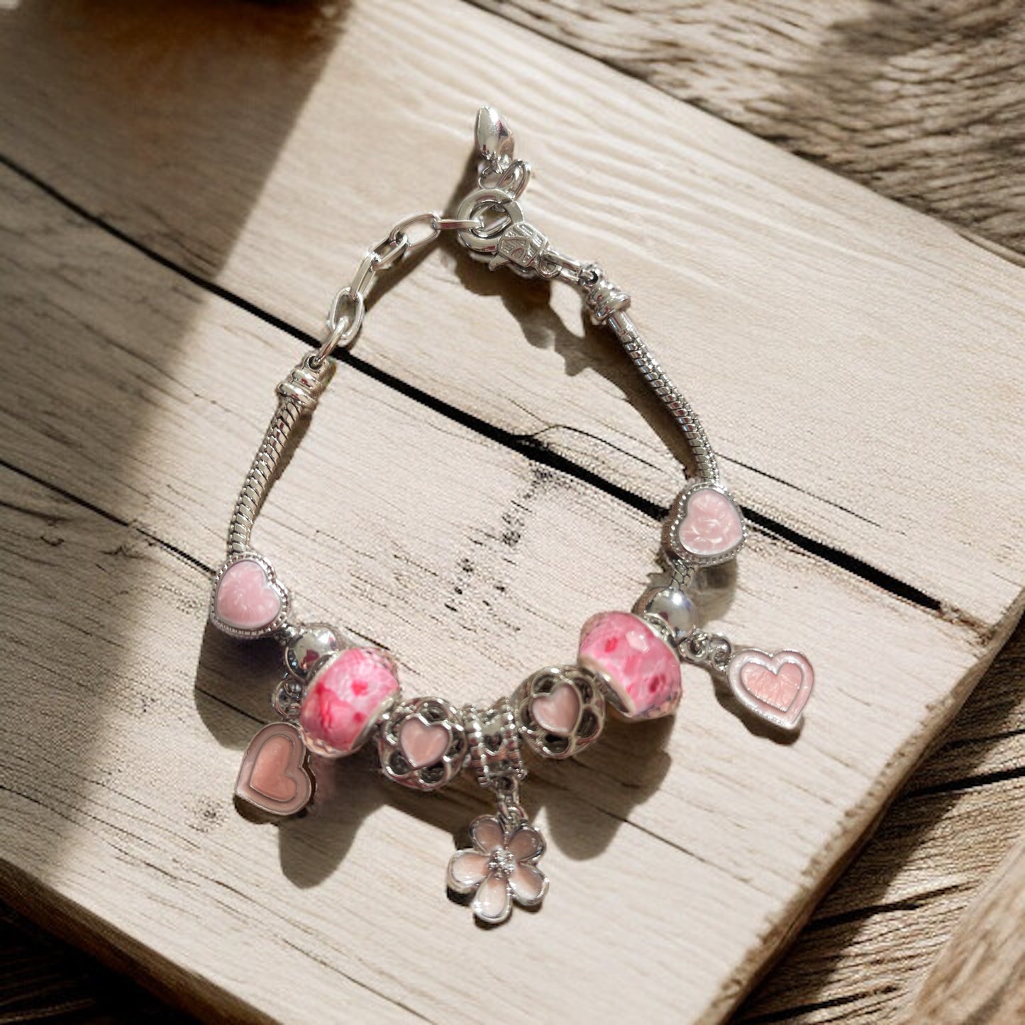 Pink Heart and Flower Silver Charm Bracelet