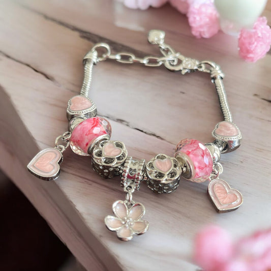 Pink Heart and Flower Silver Charm Bracelet