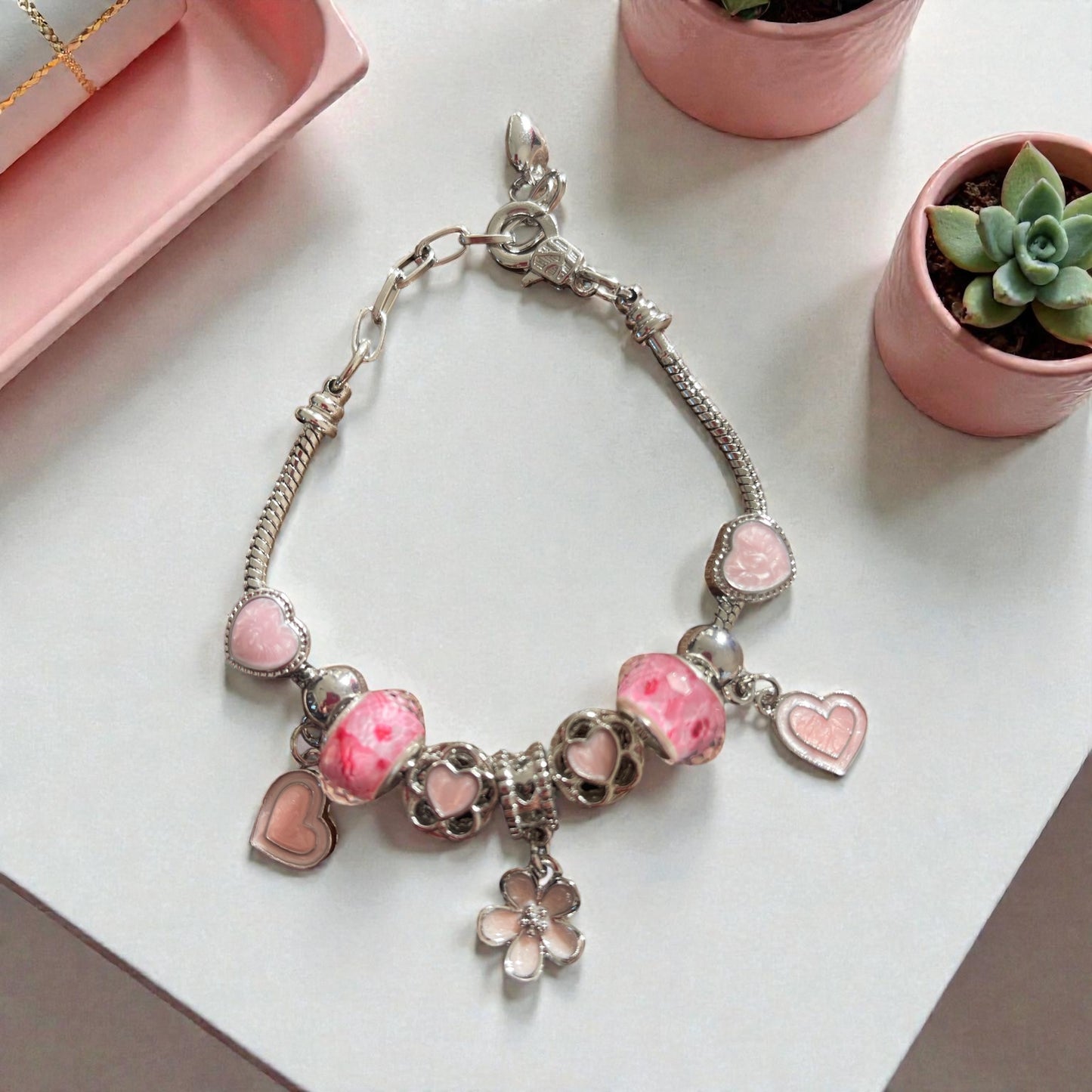 Pink Heart and Flower Silver Charm Bracelet