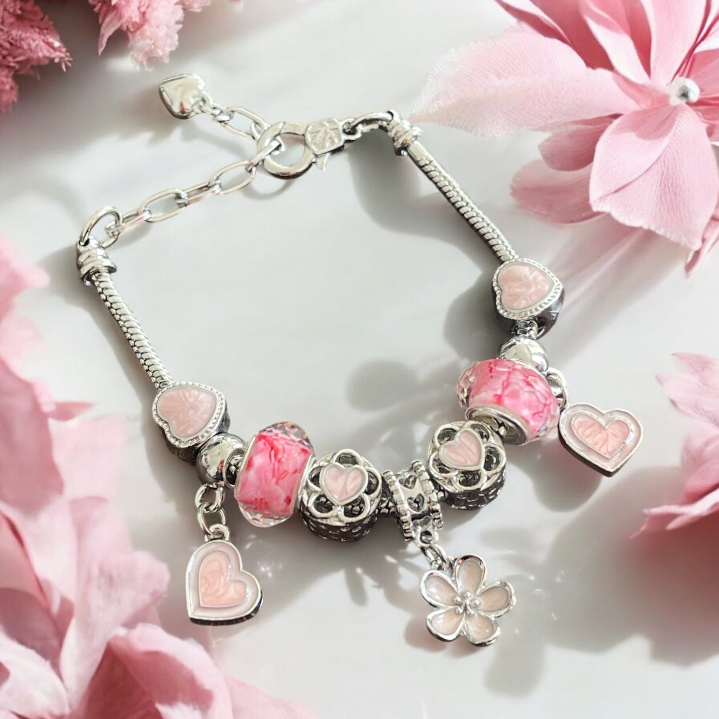 Pink Heart and Flower Silver Charm Bracelet
