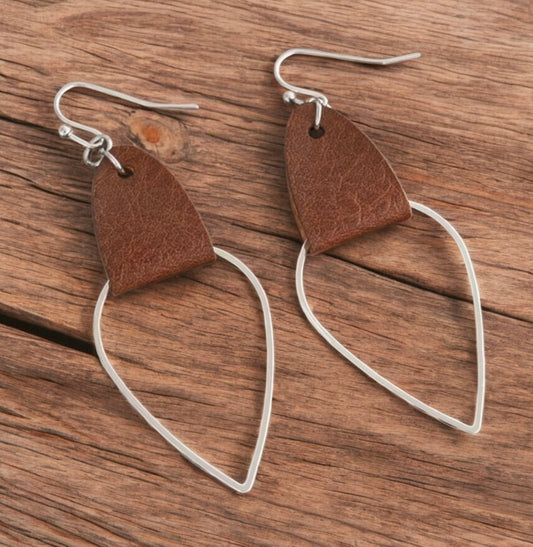 Silver Teardrop Earrings with Brown Faux Leather Accent