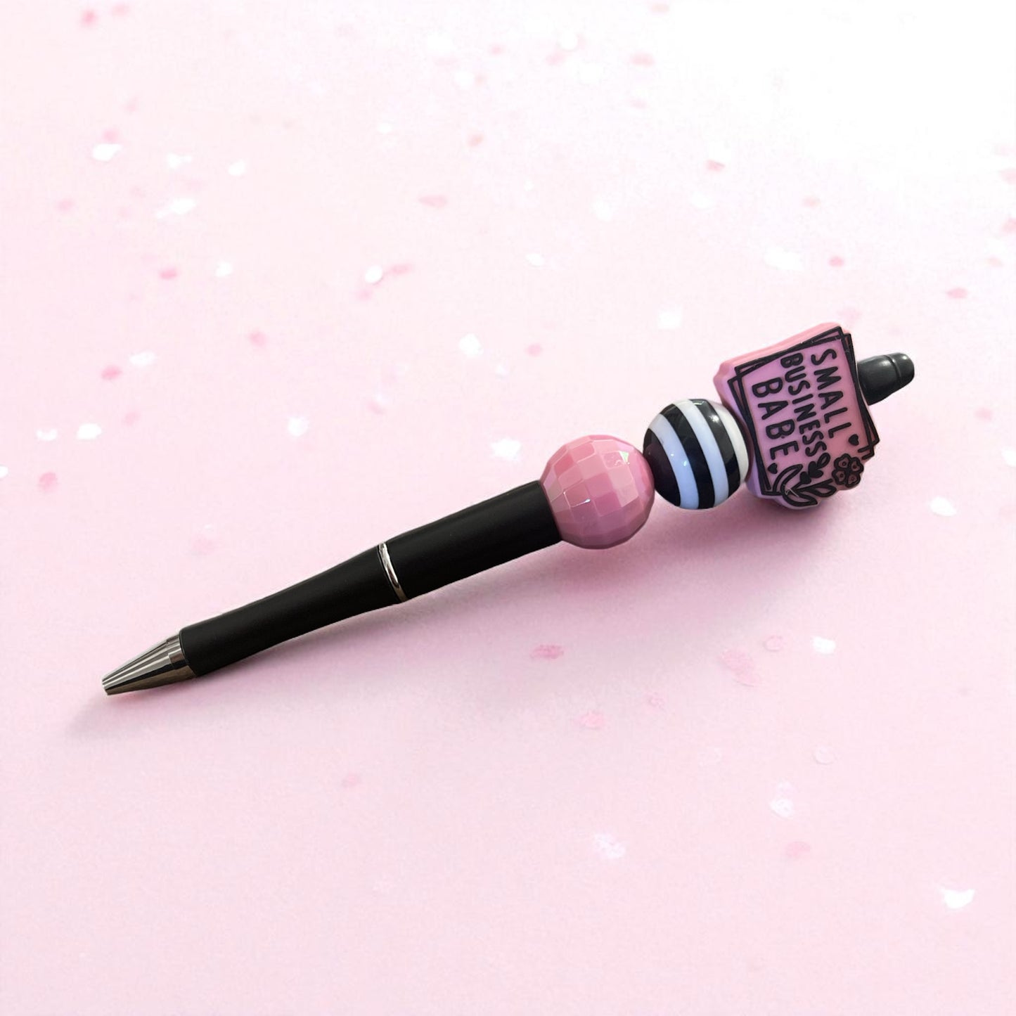 Black Ink Pen – “Small Business Babe” Beaded Pen with Pink Disco & Striped Accents