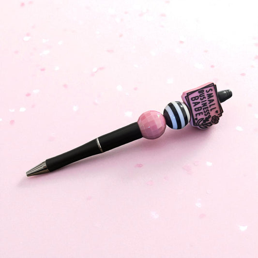 Black Ink Pen – “Small Business Babe” Beaded Pen with Pink Disco & Striped Accents
