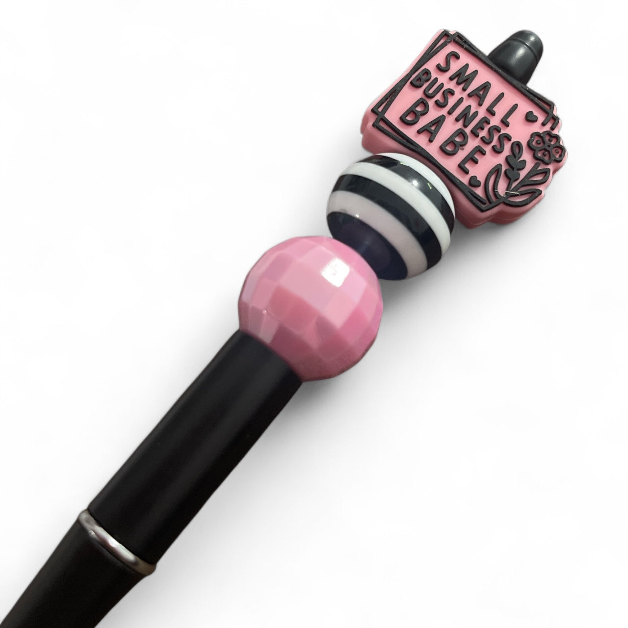 Black Ink Pen – “Small Business Babe” Beaded Pen with Pink Disco & Striped Accents