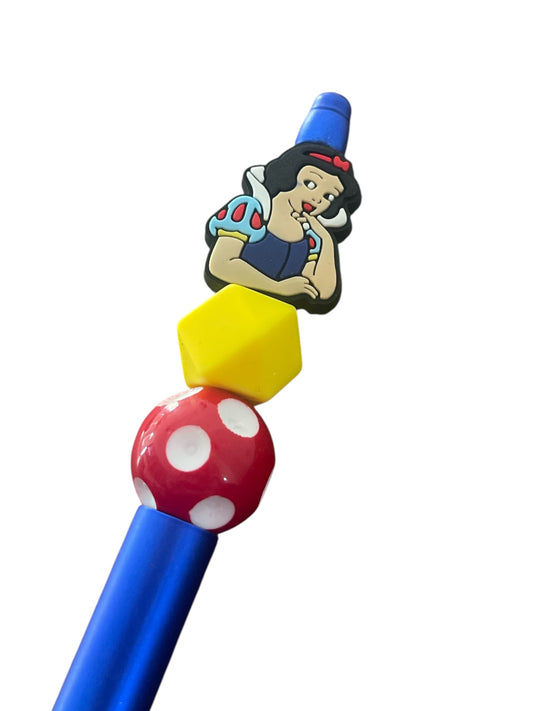 Blue Base Pen with Snow White Focal Bead – Red Polka Dot & Yellow Accents