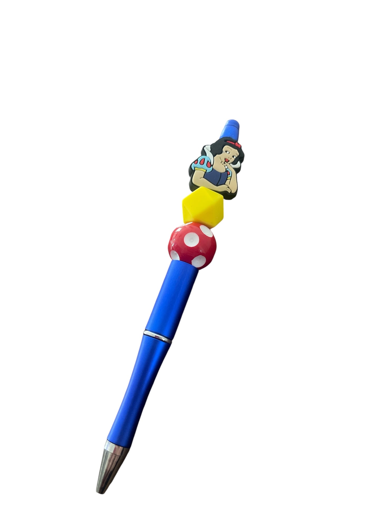 Blue Base Pen with Snow White Focal Bead – Red Polka Dot & Yellow Accents