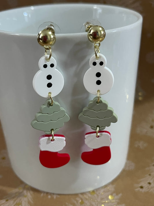 Festive Snowman, Christmas Tree, & Stocking Earrings