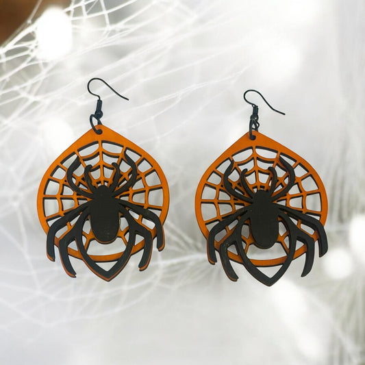 Laser-Cut Wood Spider Web Earrings – Orange & Black Halloween Design