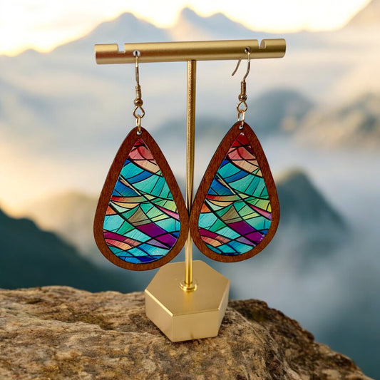 Vibrant Stained Glass Teardrop Wooden Earrings
