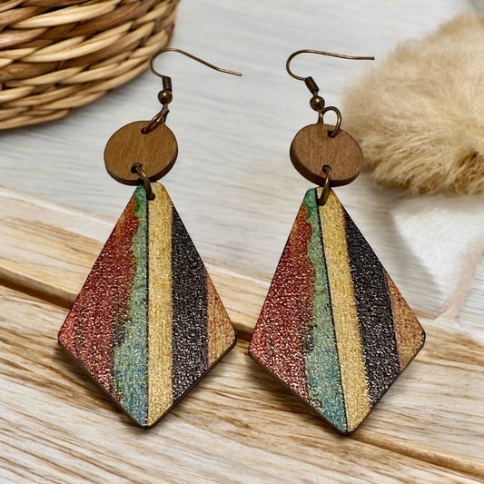 Colorful Striped Wooden Diamond Shaped Earrings