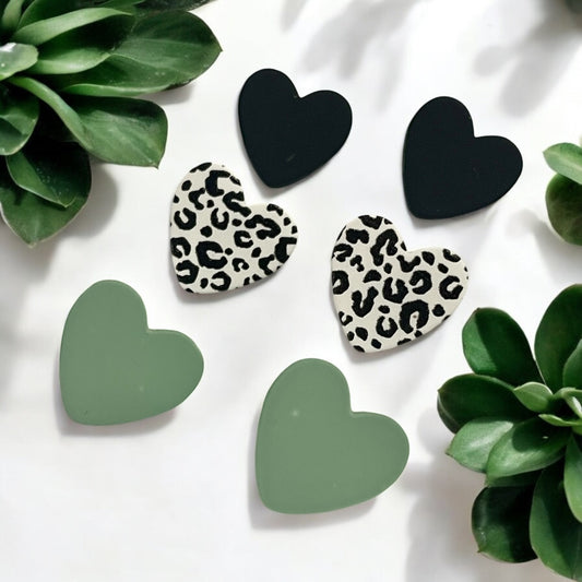 Heart Stud Earring Set – Black, Green & Leopard Print