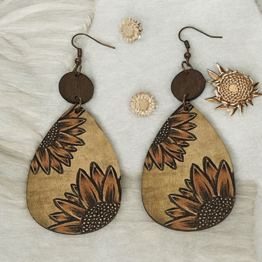 Wooden Sunflower Teardrop Earrings – Rustic Boho Style