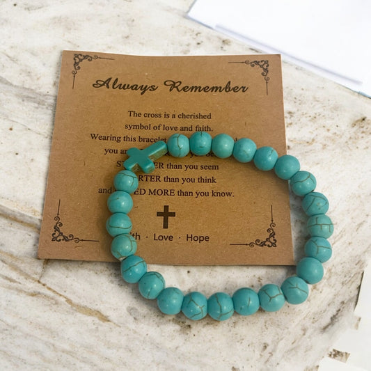 Turquoise Cross Beaded Bracelet – Stretchy Faith & Inspiration Jewelry