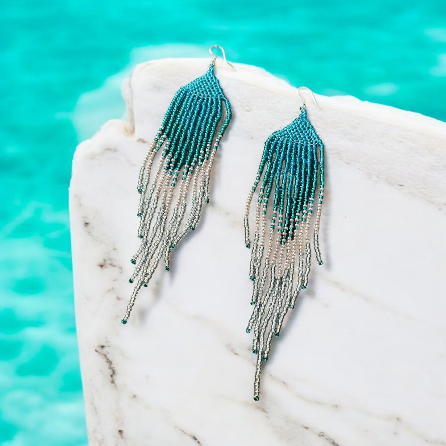 Teal, Silver & Light Pink Beaded Fringe Earrings – Ocean-Inspired Boho Statement Jewelry