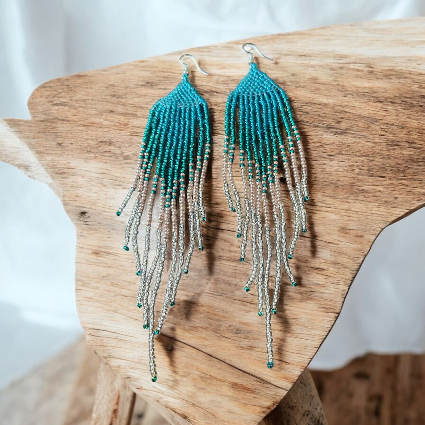 Teal, Silver & Light Pink Beaded Fringe Earrings – Ocean-Inspired Boho Statement Jewelry