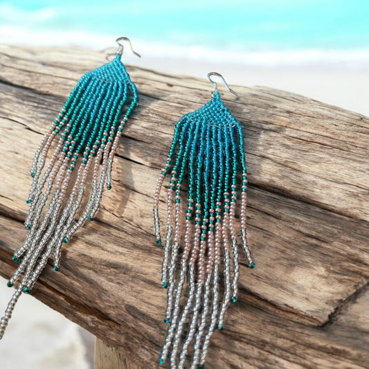 Teal, Silver & Light Pink Beaded Fringe Earrings – Ocean-Inspired Boho Statement Jewelry