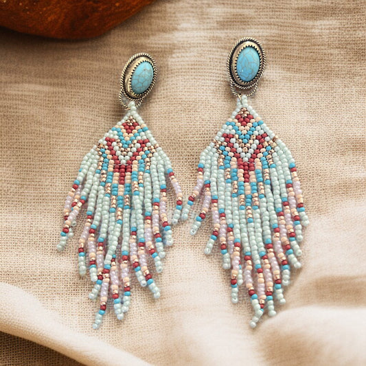 Turquoise Beaded Fringe Earrings with Teal Stud – Boho Western Statement Jewelry