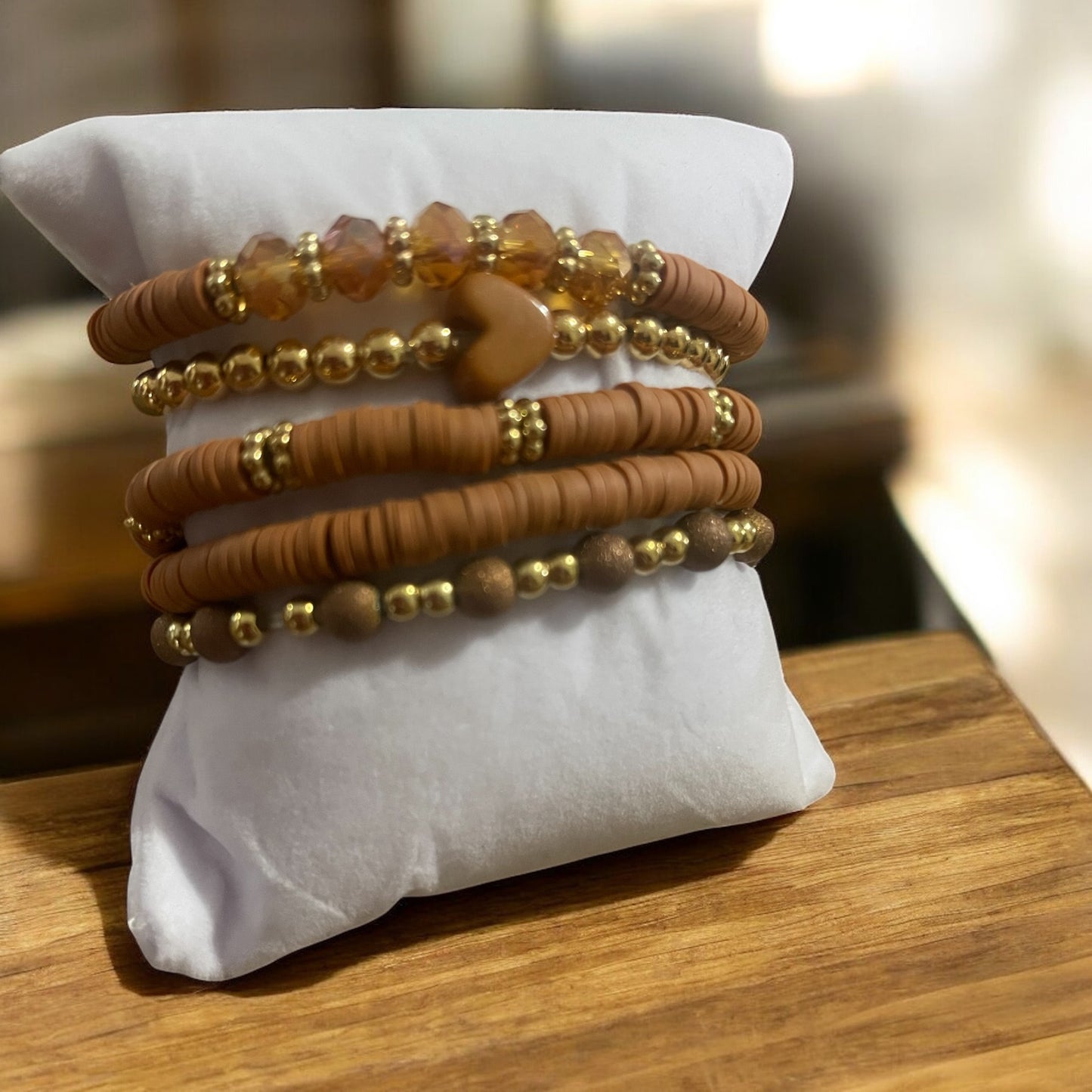 Elegant Brown & Gold 5-Stack Polymer Clay Bracelet Set
