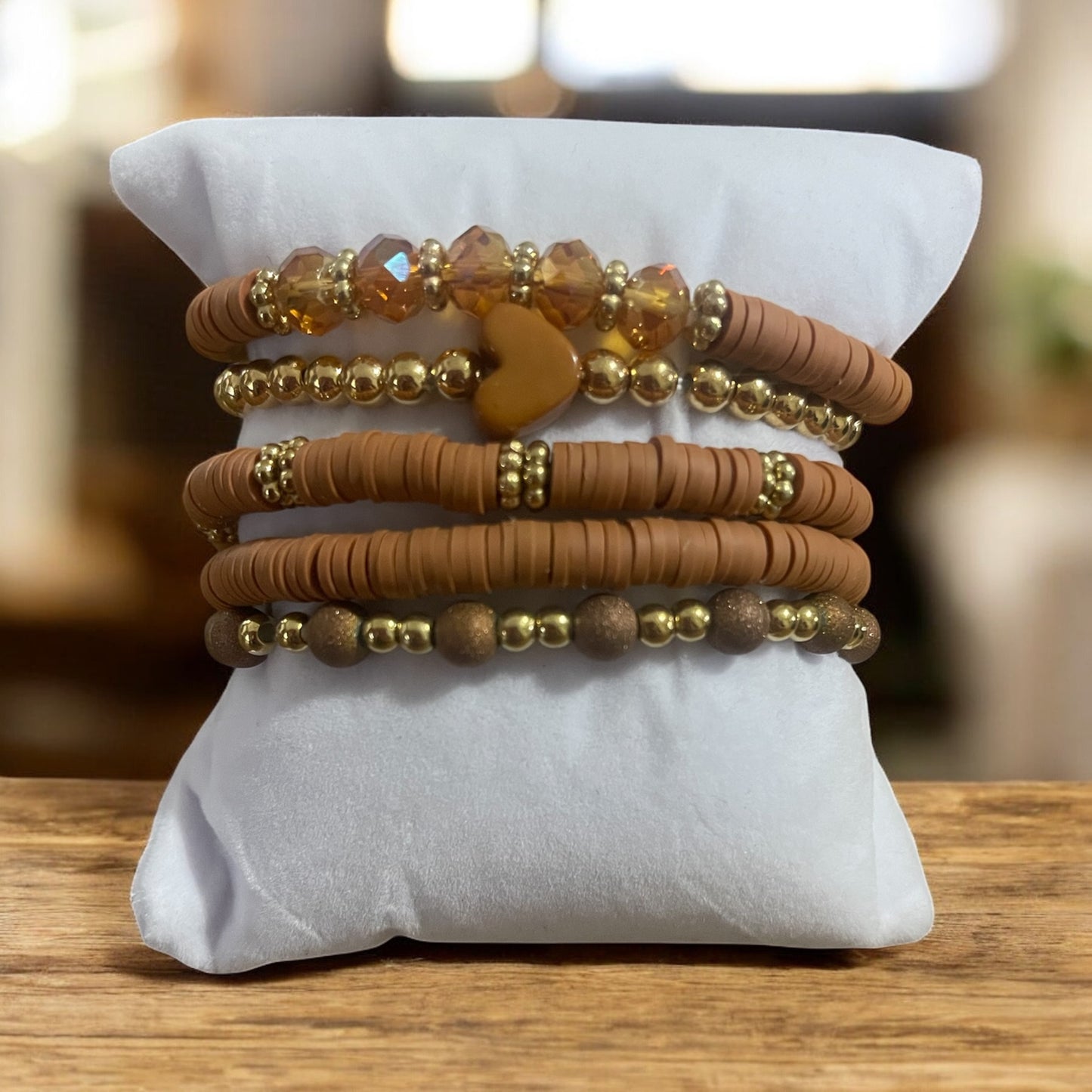 Elegant Brown & Gold 5-Stack Polymer Clay Bracelet Set